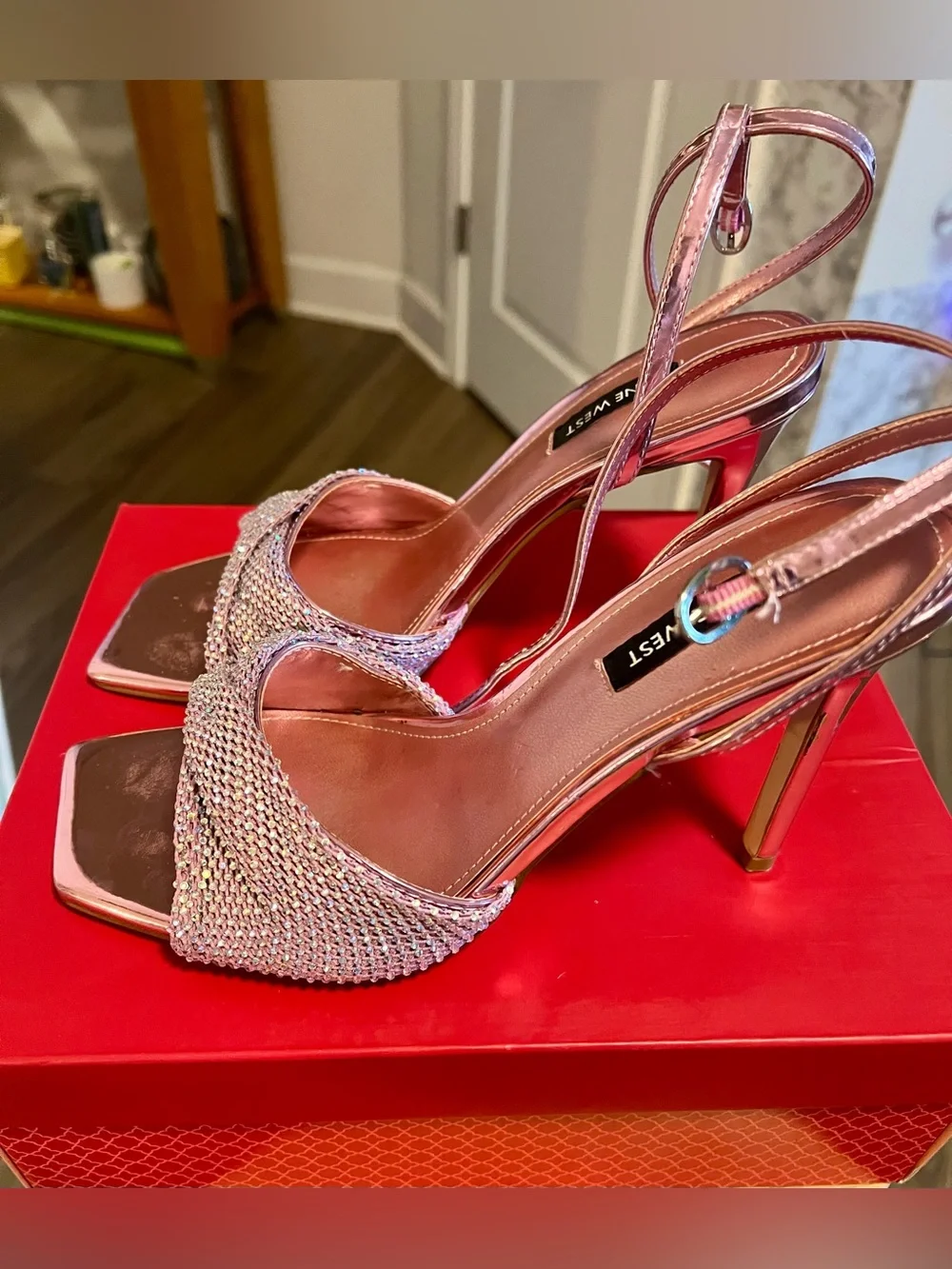 Nine West Rose Pink Metallic Crystal Strap Slingback Heels